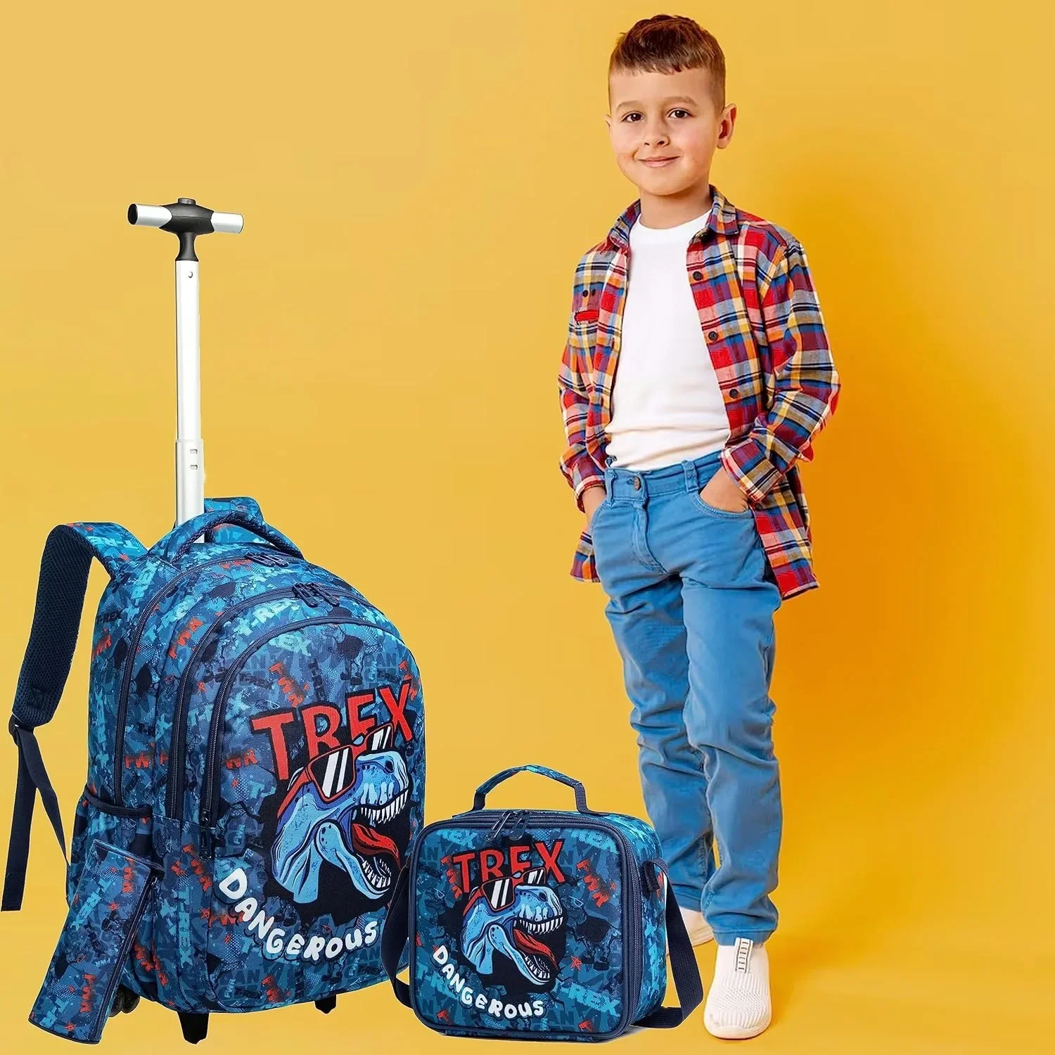 Rolling Trolley Bag Set com lancheira térmica, mochilas escolares, mochila de rodas para meninos e meninas, 18"