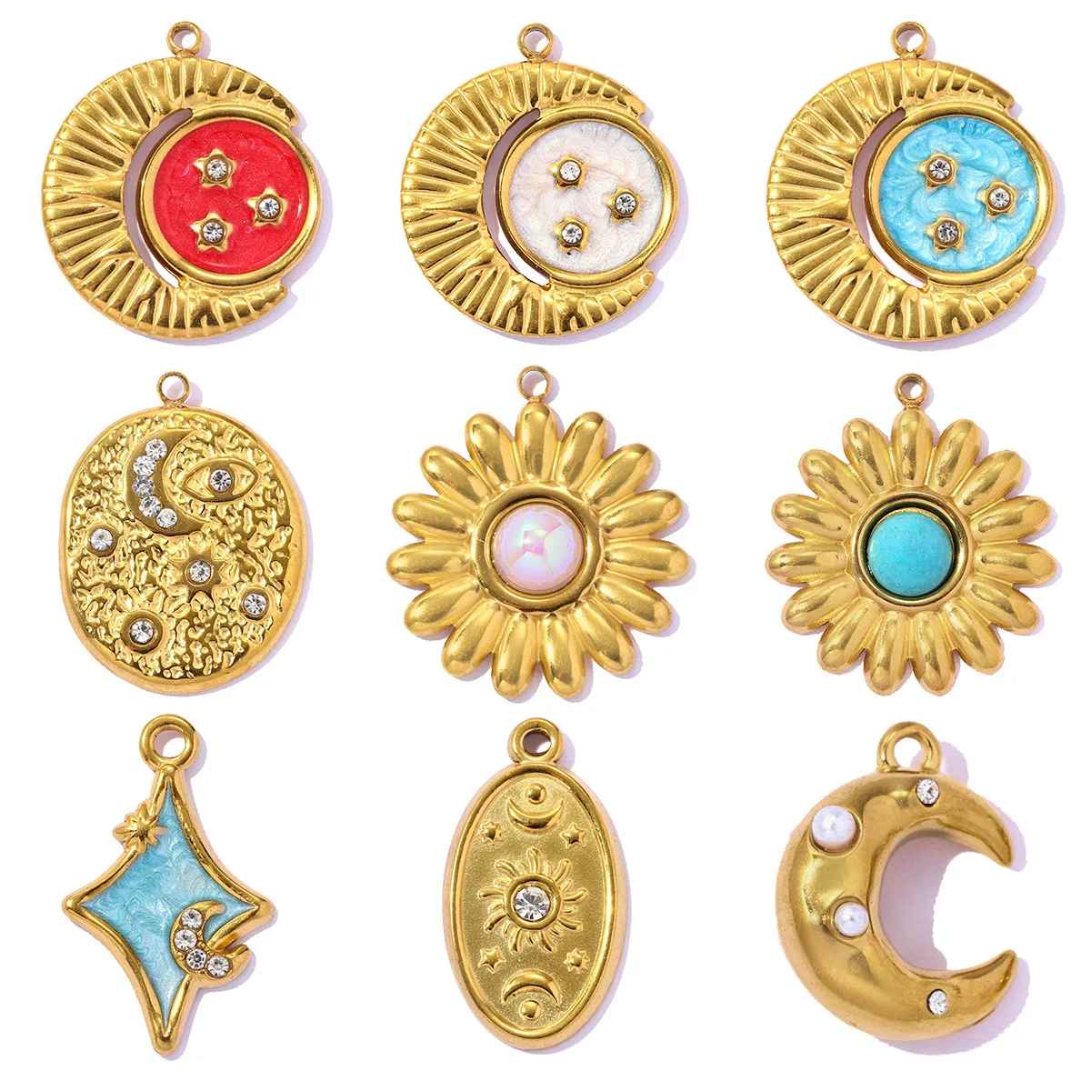 3pcs/Lot Stainless Steel ABS Pearl Crescent Moon Star DIY Charms Daisy Flower Necklace Pendants Woman Sun Jewelry Wholesale