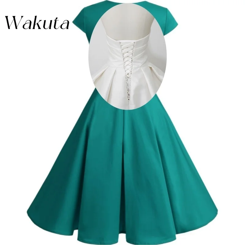 Wakuta Classic V Neck Wrap Shoulder Satin Women's Short Robe Vintage Cocktail Swing Evening Dress Teen Homecoming Ball Gown