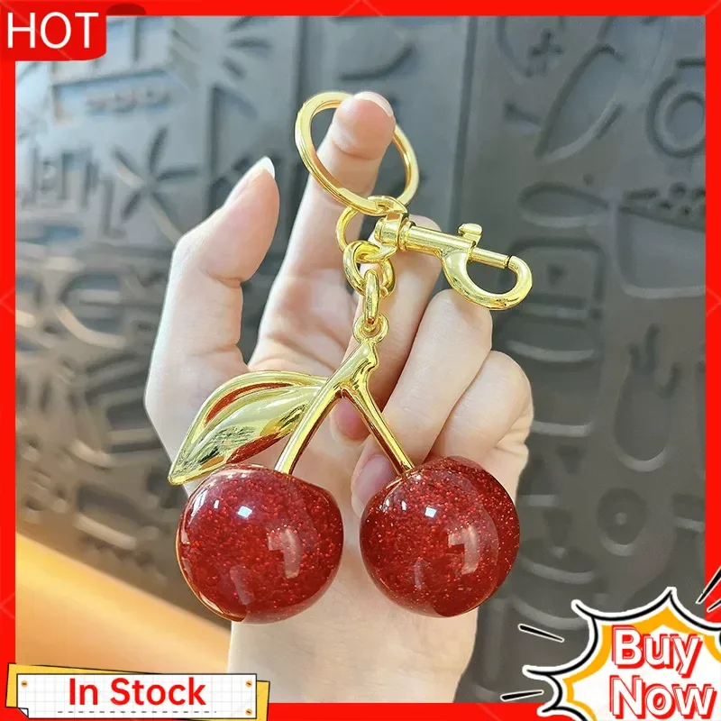 

Luxury Cherry Keychain Glitter Red Resin Cherry Charm With Gold Metal Leaf Exquisite Purse Bag Car Key Pendant For Fashion Women