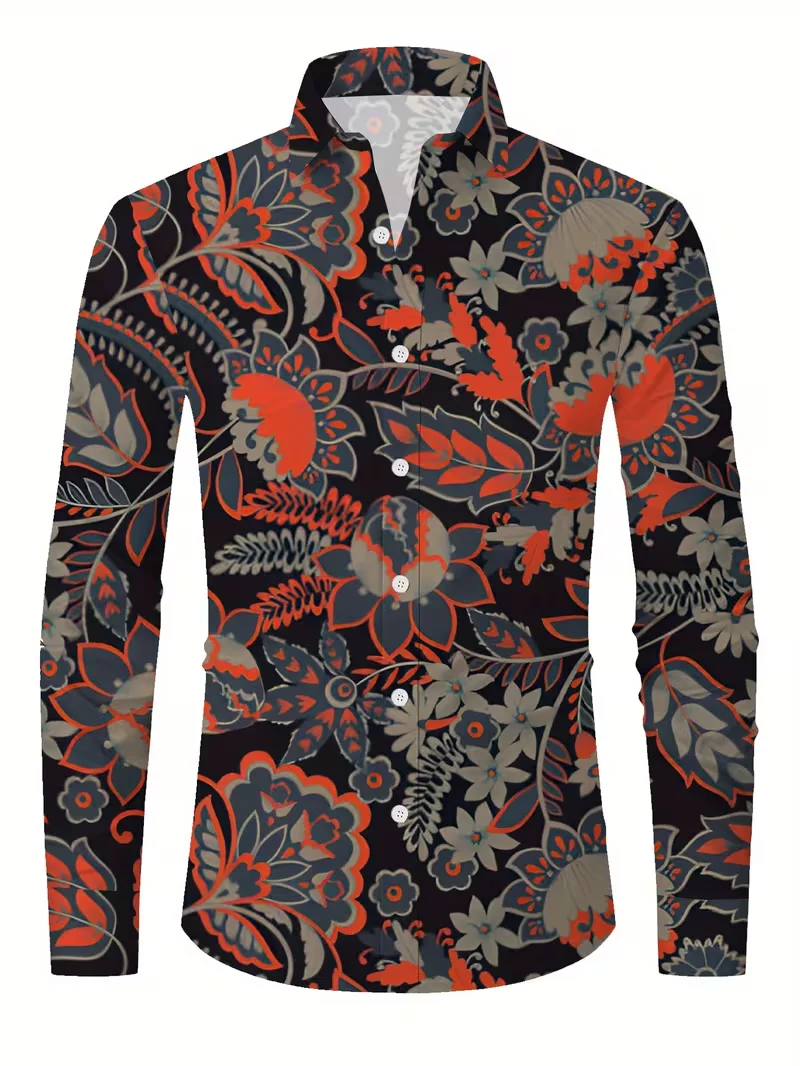 

Hawaiian Colorful flowers Pattern men's long sleeved shirt fashion casual beach 3D leaf flower print long sleeved button shirt