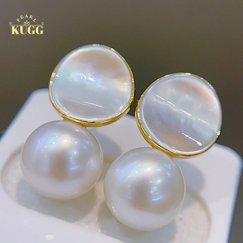 

KUGG PEARL 18K Yellow Gold Earrings 9-10mm Natural Freshwater Pearl Earrings Elegant Party Jewewlry for Women and Girls