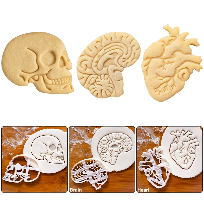 3pcs set Halloween Skull Brain Organs Cookie Cutters Plastic 3D Cartoon Pressable Biscuit Stamp Chocolate Mold Baking Tools