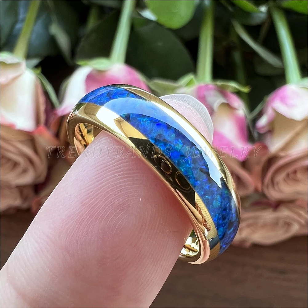 6 mm 8 mm Ringe für Männer und Frauen, Wolfram-Ehering, Modeschmuck, blaue Opal-Inlay, gewölbt, poliert, glänzend, bequeme Passform – Detail 4