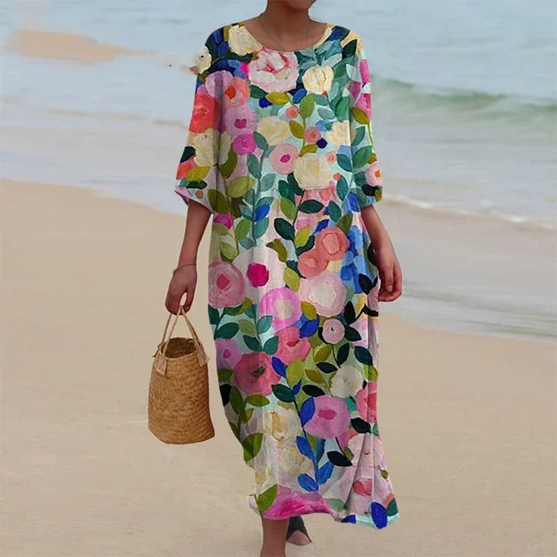 

Colorful Spring Floral Garden Printed Women Dress 2024 Casual Half Sleeve A-Line Party Dress Summer O Neck Loose Boho Long Dress