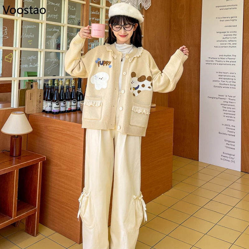 Cardigan de malha estilo doce Lolita feminino, suéter solto, babados, filhote de cachorro dos desenhos animados, jaqueta bordada, tops femininos de malha Y2K, outono