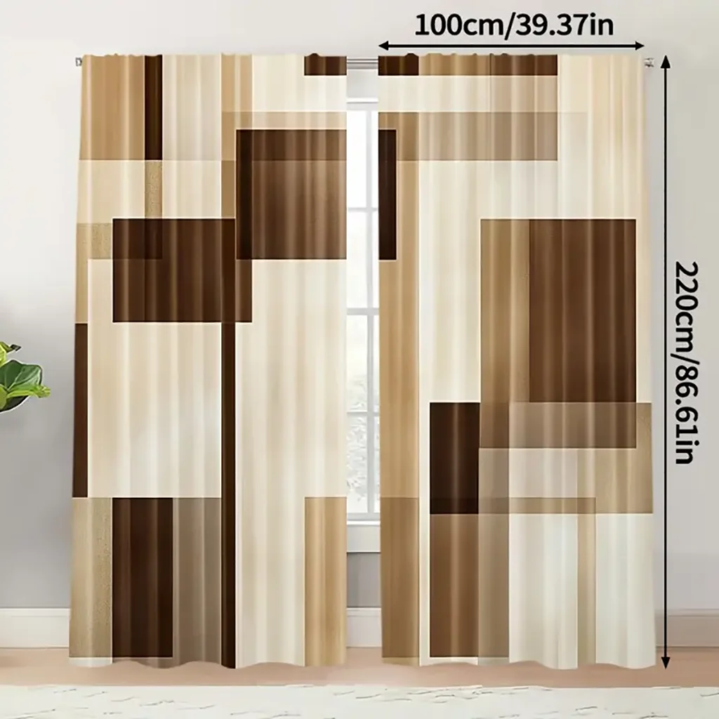 2PCS Modern Geometric Brown & Beige Block Print Curtains Floral Window Treatment Applicable for Print Curtai