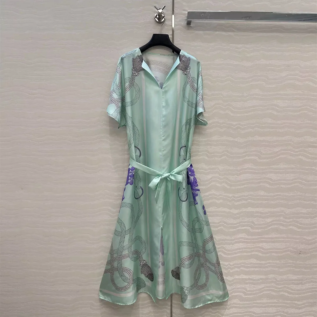 

Luxury 100% Silk Vintage Dress Women V-neck Short Sleeve Rope Totem Printing Belt Mint Green Elegant Lady Long Dresses