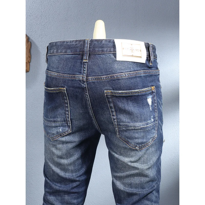 

2025 Autumn New Trendy Piercing Patch Scratched Jeans Men's Street Handsome Elastic Slimming Small Leg Pants