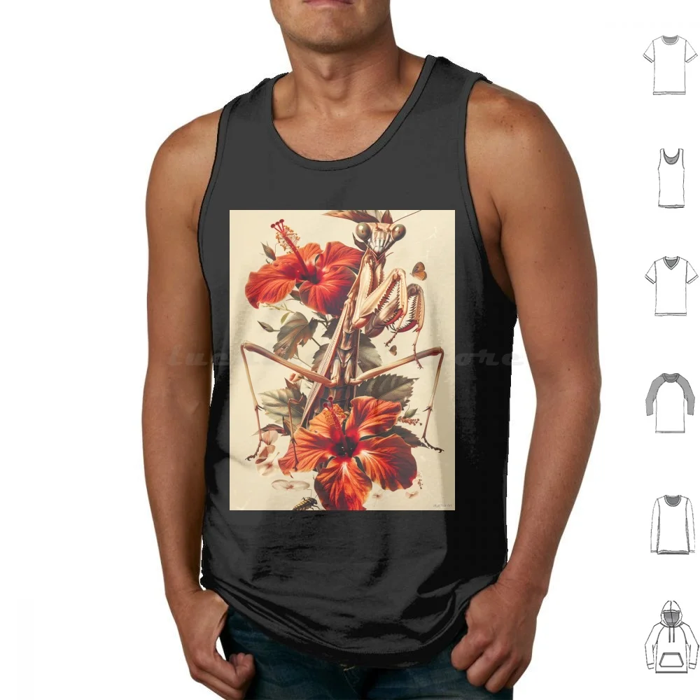 Nature’s Embrace : Praying Mantis & Red Hibiscus-A Surreal Botanical Artwork Tank Tops Print Cotton Praying Mantis