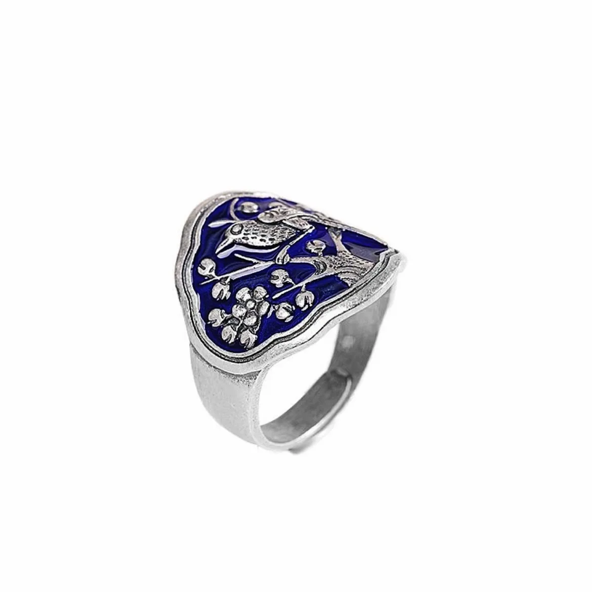 Vintage Blueing Magpie Ascending Plum Blossom Adjustable Ring Chinese Style Singing Birds and Fragrant Flowers Rings Jewelry