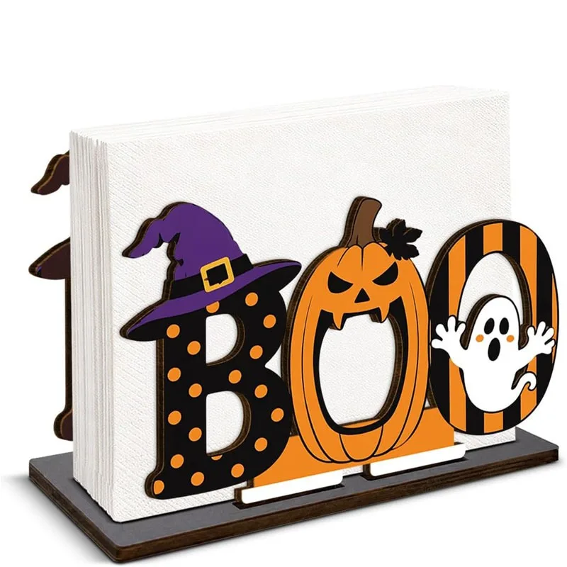 Wooden Napkin Holder Halloween Tabletop Ornament Napkin Storage Rack Home Kitchen Center Table Craft Decor