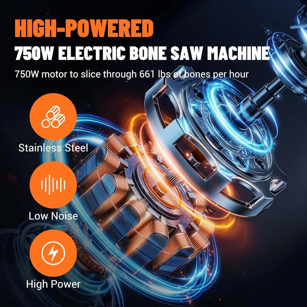 Serra elétrica de carne 750W, máquina de corte de osso, serra de fita de açougueiro 110V com 2 lâminas, capacidade de 0,39-4,3 pés cúbicos