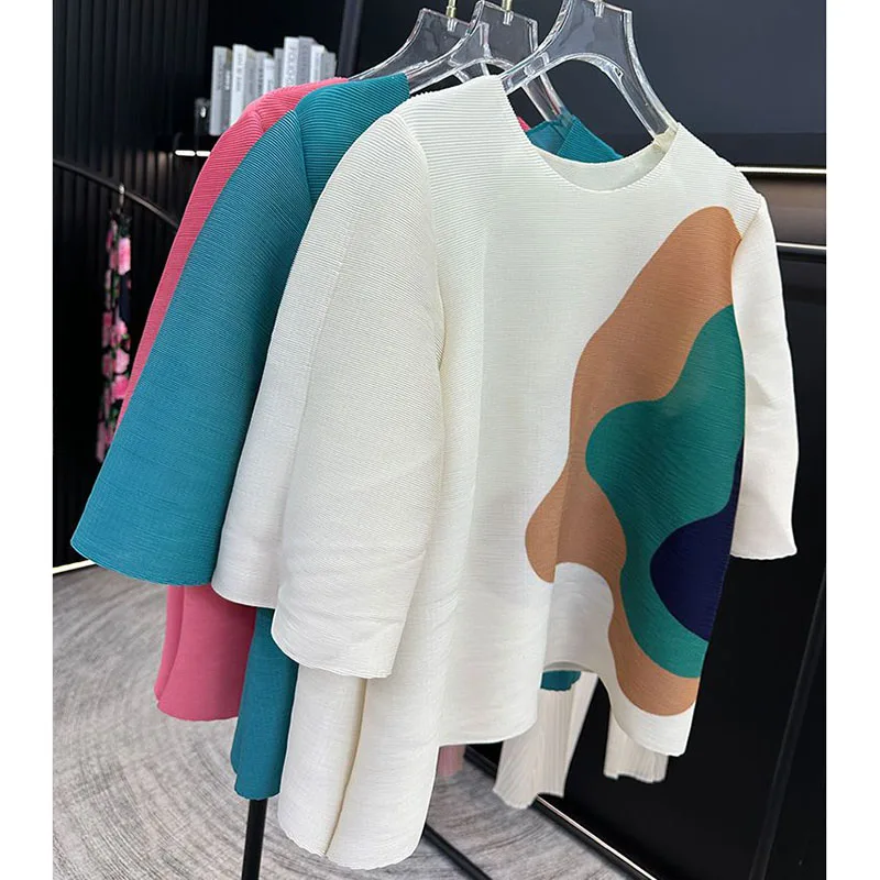 

Fashion High-End Pleated Top Women's Summer New Temperament Printing Loose Slim Casual Round Neck Soft And Comfortable T-Shirt