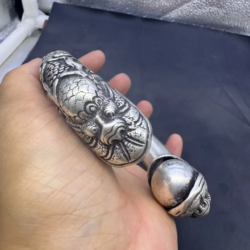 Tibetan Silver Bangle, Exquisitely Carved Dragon Phoenix Pattern, Antique Bronze Tone Retro Ethnic Wrist Jewelry