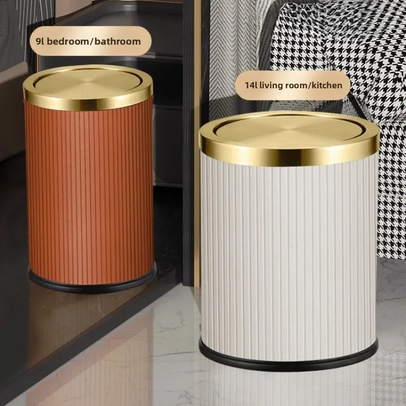 Leather Bathroom Trash Can Flip-Top Waste Basket Creative Bedroom Paper Basket Luxury Living Room Garbage Can for Home