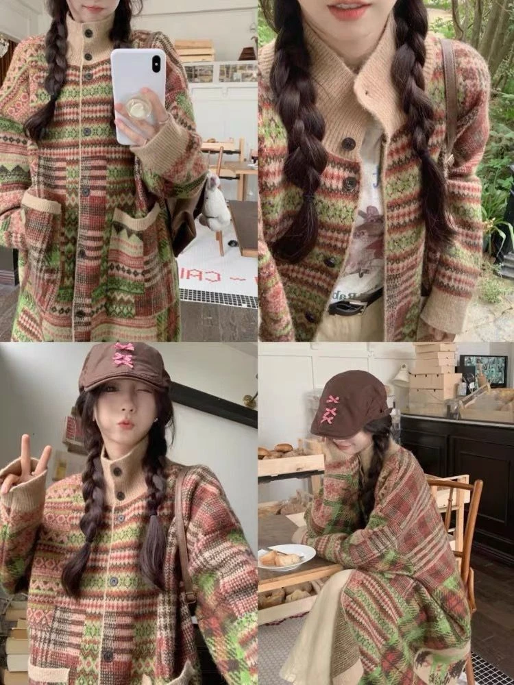 Longer Cardigans Women Folk Style Winter Vintage Long Sleeve Knitted Sweaters Loose Buttons Stand Collar Thicker Printed Pockets