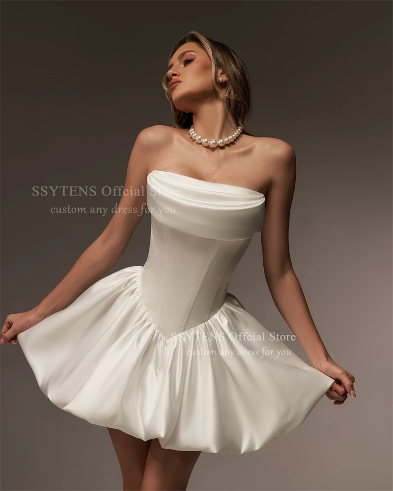 SSYTENS Vintage Satin robes de soirée de mariage sans bretelles courte une ligne ivoire à lacets dos robes Para Mujer robe de mariée personnalisée