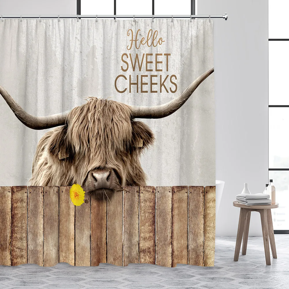 Highland Cow Shower Curtain Rustic Brown Cattle Funny Farm Animal Bath Curtains Polyester Fabric Bathroom Decor Set with Hooks