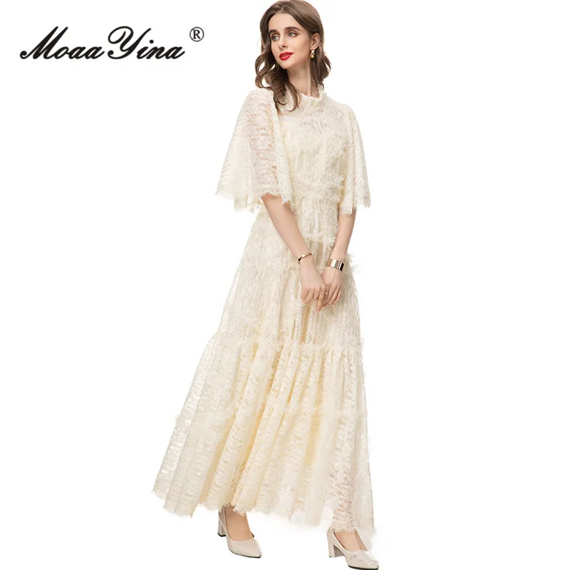 MoaaYina Spring Fashion Designer Beige Vintage Party Dress Women O Neck Half Sleeve Mesh Ruffles Lace High Waist Slim Long Dress