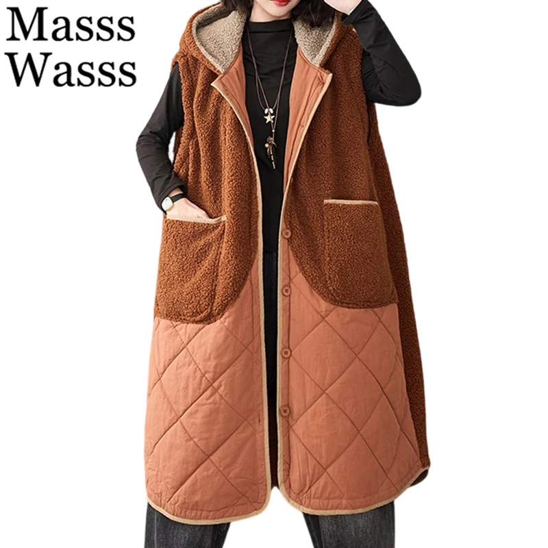 

Mass Wasss 2025, зимние парки без рукавов, женские модные длинные жилеты с меховой подкладкой и капюшоном, свободные повседневные винтажные теплые жилеты