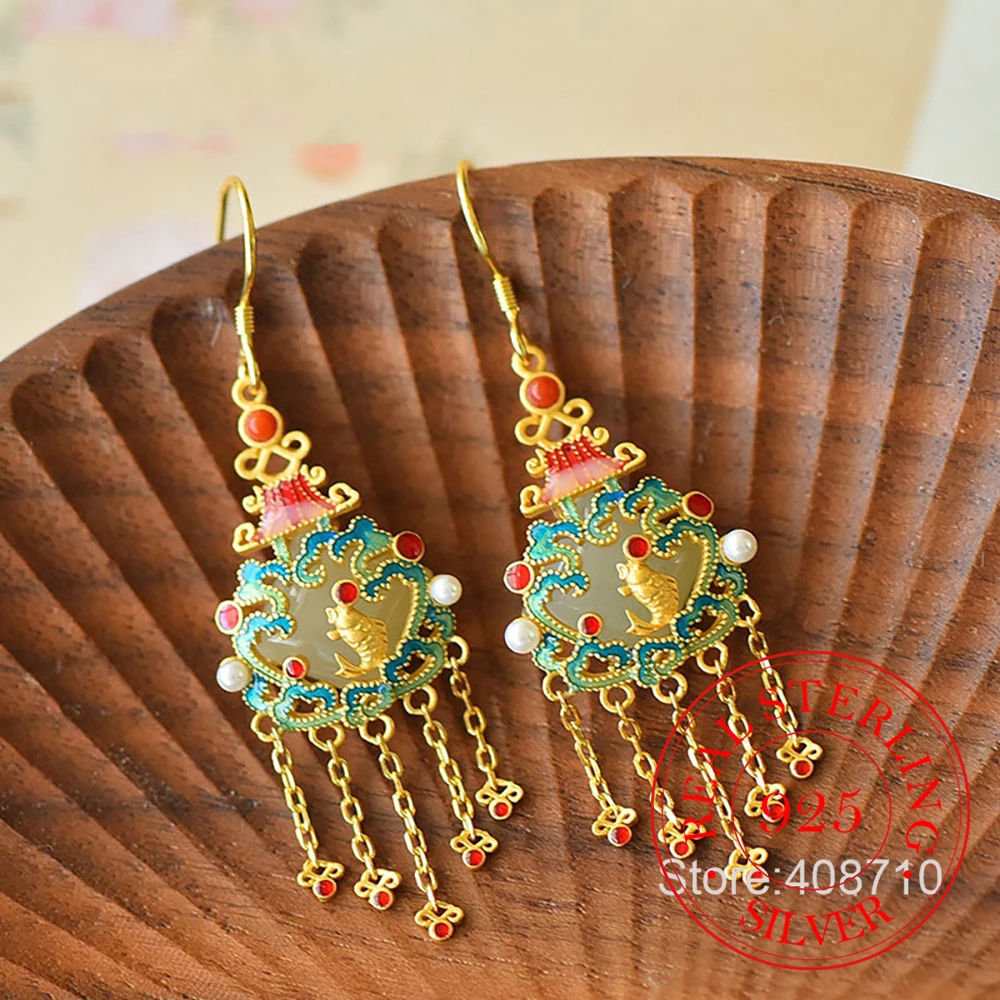 

925 Sterling Silver Jewelry 18K Gold Plated Natural Jade Tassel Enamel Drop Earrings for Women Wedding Party Jewelry Gift