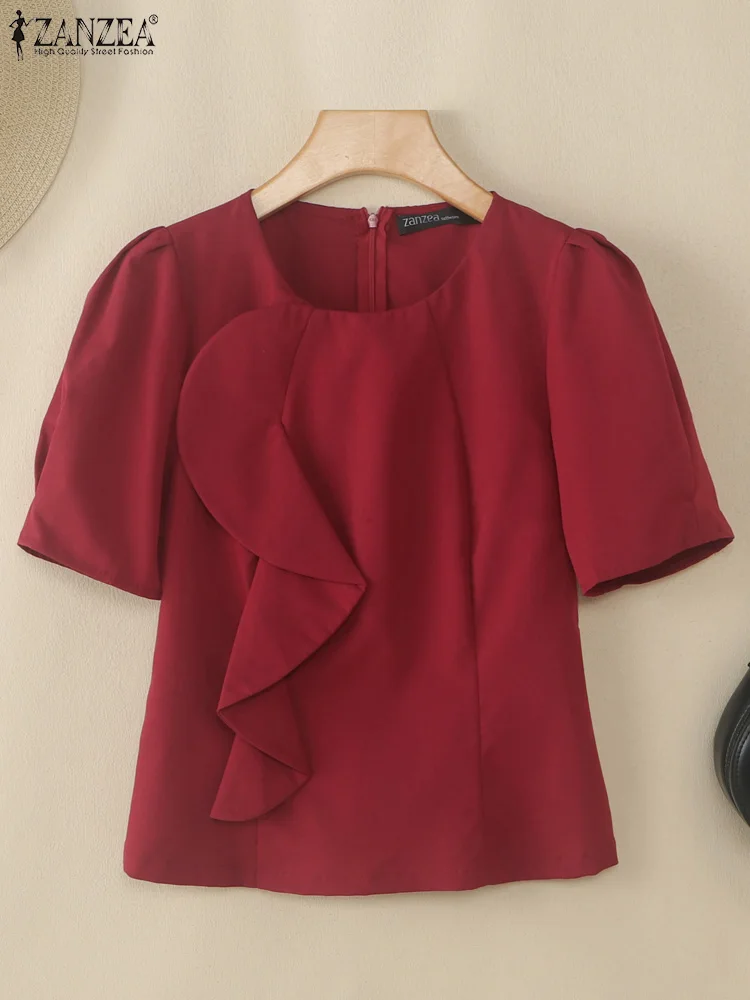 ZANZEA-Blusas elegantes con volantes para fiesta para Mujer, Blusas de verano 2025 con cuello redondo y manga corta abombada, ropa de oficina, Tops sólidos