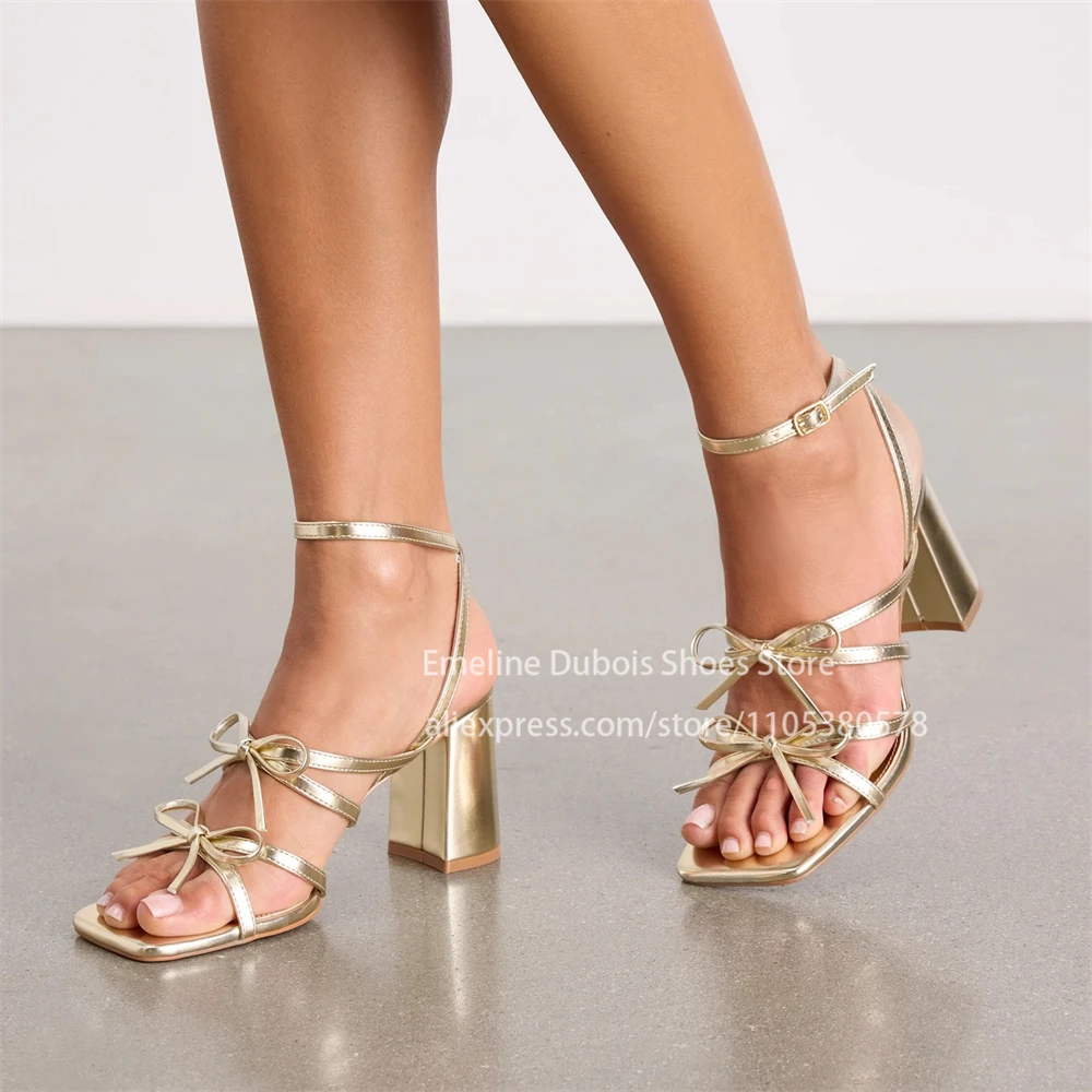 

Gold Metallic Double Bow Block Heel Sandals Open Square Toe Ankle Buckle Strap High Heel Sandals Party Wedding Women Dress Shoes