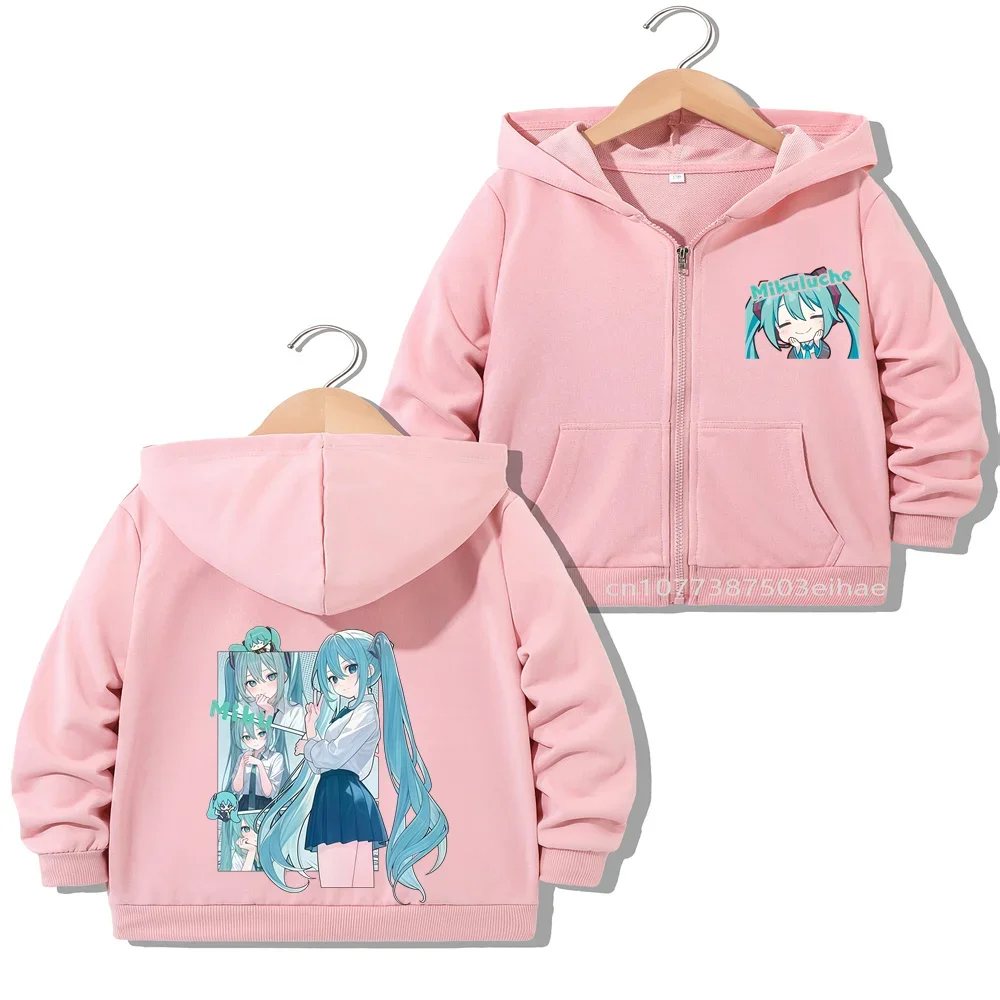 Hatsune Miku Cartoon Figure Printed Overcoat Kids Spring Autumn Outerwear Zipper Style Children Casual Daily Wear Jacket Tops