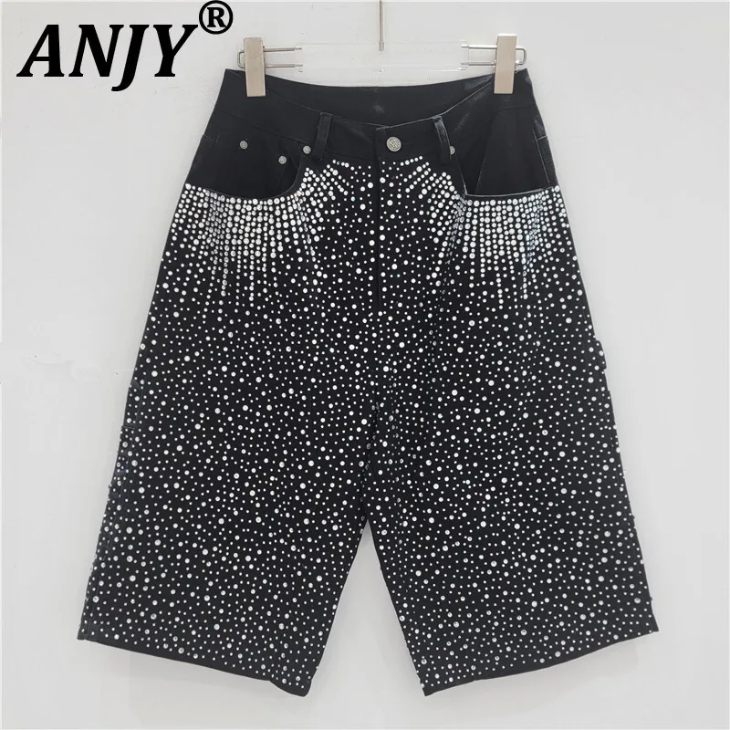 

ANJY Summer New Women Chic Ins Trendy Streetwear Jeans Korean Casual Shiny Diamonds Straight Wide Leg Cropped Denim Shorts A7703