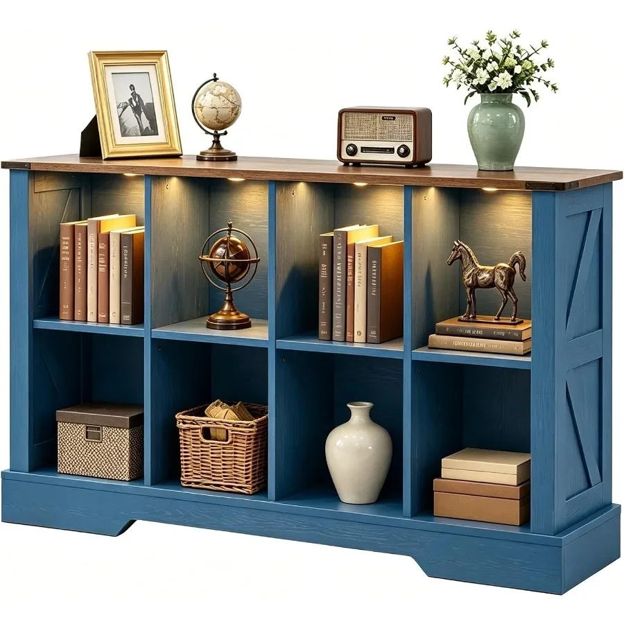 8 Cube Storage Organizer, 2-Tier Book Shelf with LED Lights, Farmhouse Wood Display Bookcase Cabinet for Living Room, Bedroom,