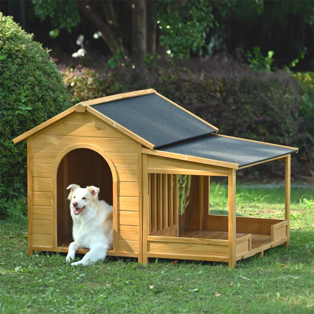 

60.2" Large Wooden Dog House w/Porch, Cabin Style, Asphalt Roof, Elevated Floor, Side Window & Doors, For Medium/Large Dogs, Nat