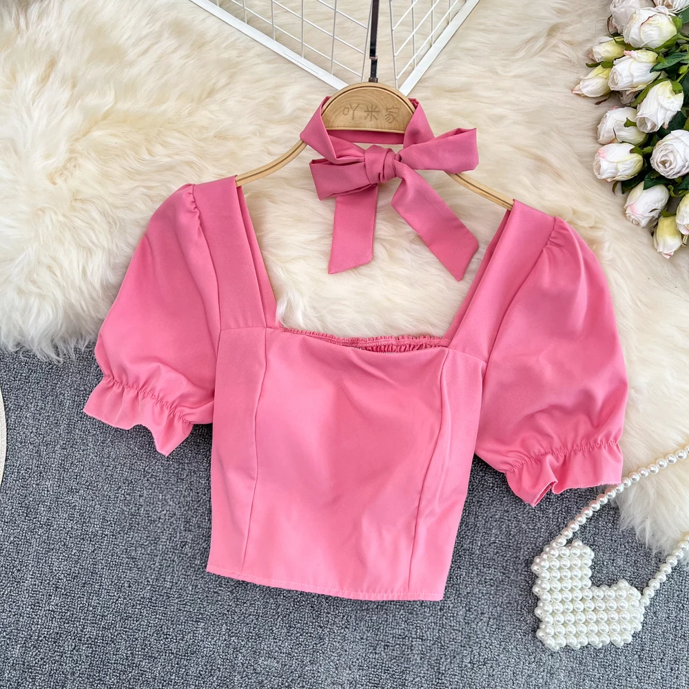 Summer Korean Style Shirt  For Women Sweet Square Neck Puff Short Sleeve All-Matched Pullover Shirt Femal Fashion Slim Short Top