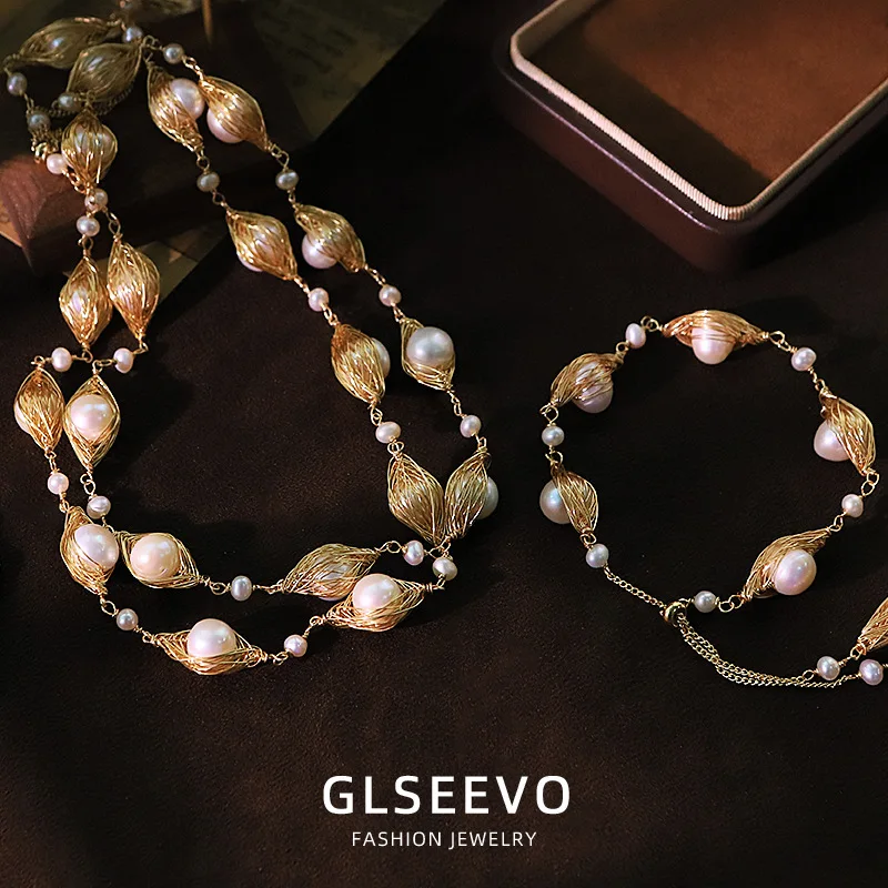 Double-Layer Oval Pearl Pull-Out Bracelet Necklace Set A Simple And Versatile Jewelry Piece