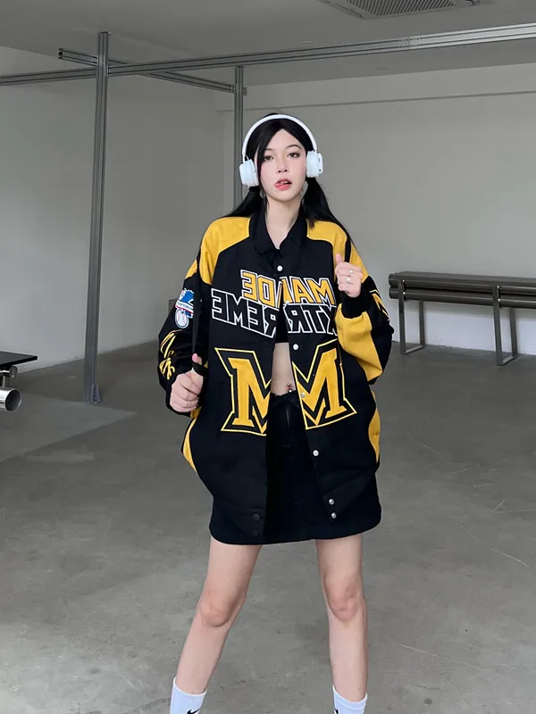 

American Sle Retro Streetwear Biker Jaet Letter Splicing Baseball Coat Men's Women's Spring Autumn Vintage Racing Outfit