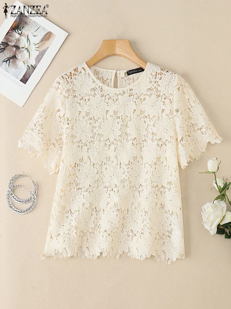 

ZANZEA Elegant Woman Openwork Lace Blouses Fashion O-Neck Short Sleeve Hollow Out Blusas Mujer 2025 Summer Day Wear Solid Tops