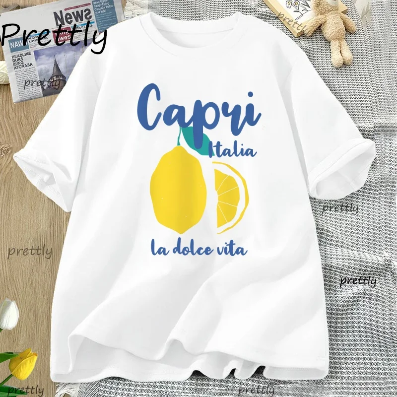 

Capri Italy Lemon T Shirt La Dolce Vita Italian Girl T-Shirt Vintage Cotton Short Sleeve Womans Clothes Streetwear Clothing