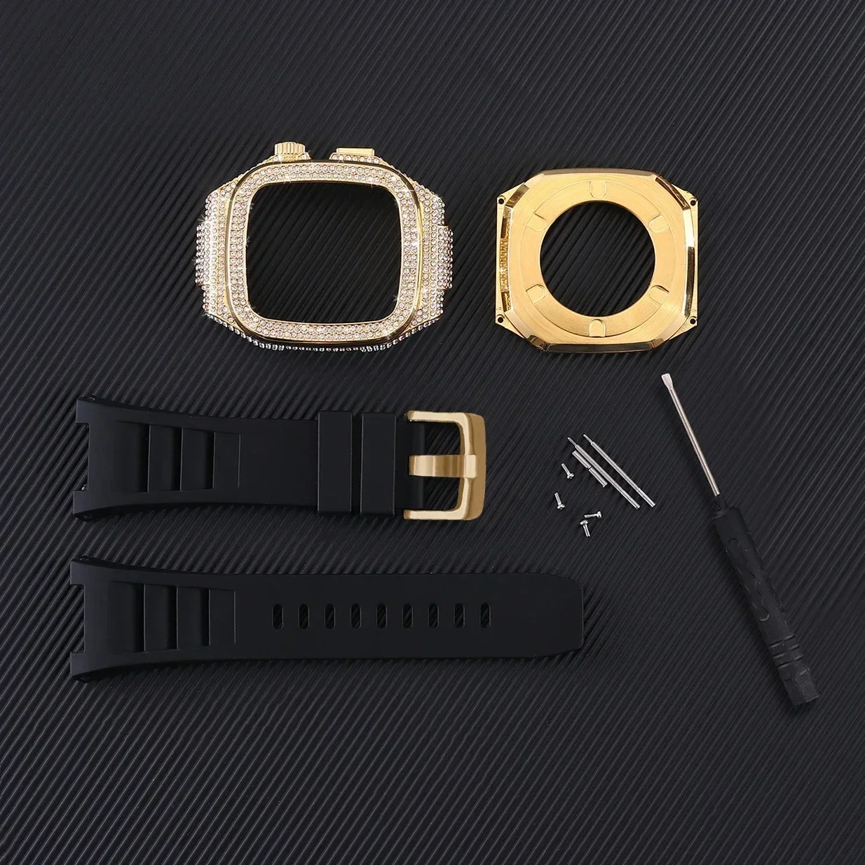 Luxury Diamond Stainless Steel Case+Rubber Strap Modification Kit for Apple Watch Band 10 9 8 7 6 5 46mm 45mm SE 44mm for IWatch