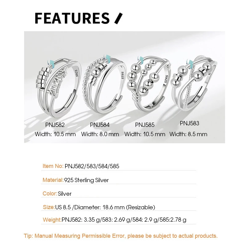 F.I.N.S S925 Sterling Silver Layered Staggered Anti Anxiety Stress Rotatable Beads Ring Fidget Bead Adjustable Finger Rings