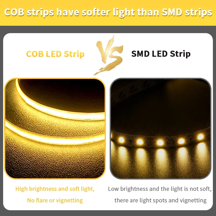 COB LED Strip Lights para decoração do quarto, alta densidade, fita de diodo flexível, escada, 3000-6500K, 12V, 24V, 1m, 2m, 3m, 5m, 10m