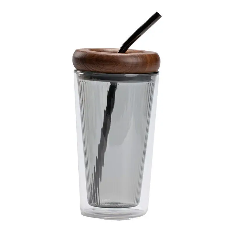 Glass straw cup, large capacity, unisex office water cup, double-layer heat-resistant with lid, coffee cup