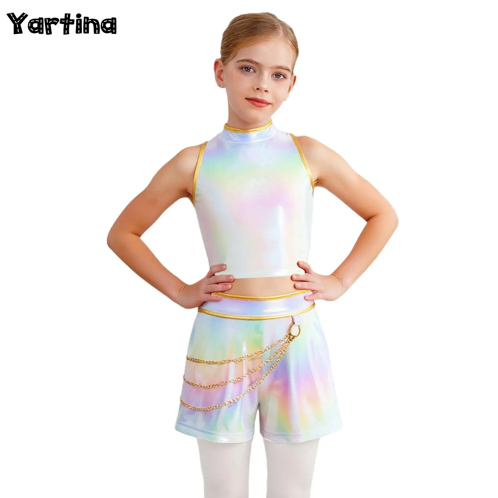 Girls Hunters Singer Hip Hop Jazz Halloween Demon Cosplay Costume Metallic Glossy Zipper Crop Top And Belt Waist Chain Shorts