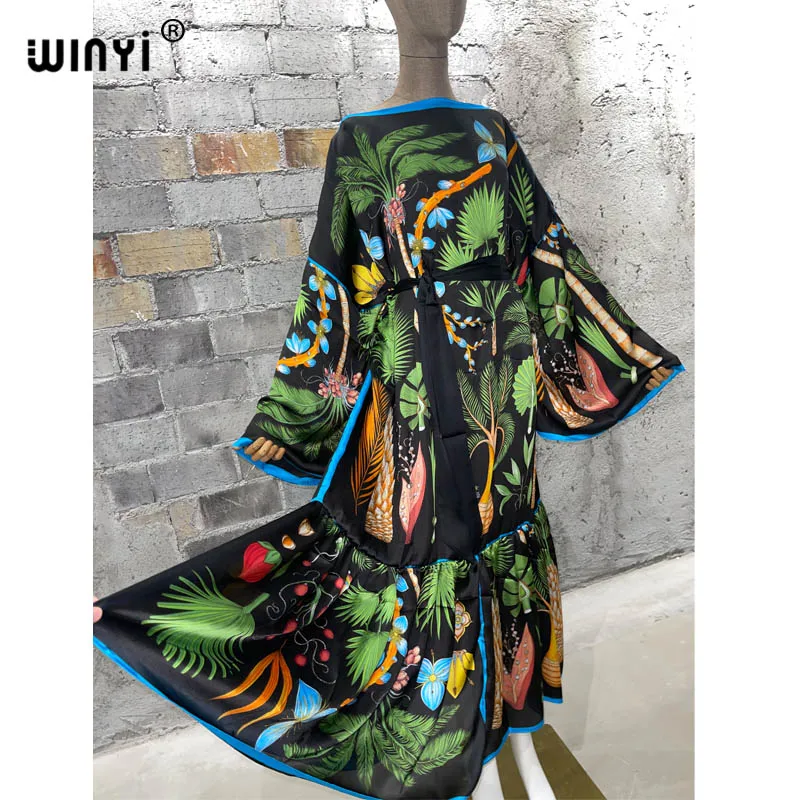 WINYI moda lato kobiety na co dzień z kwiatowym elegancka wieczorowa plaża długa, maksi sukienka z paskiem abayafashion kaftan