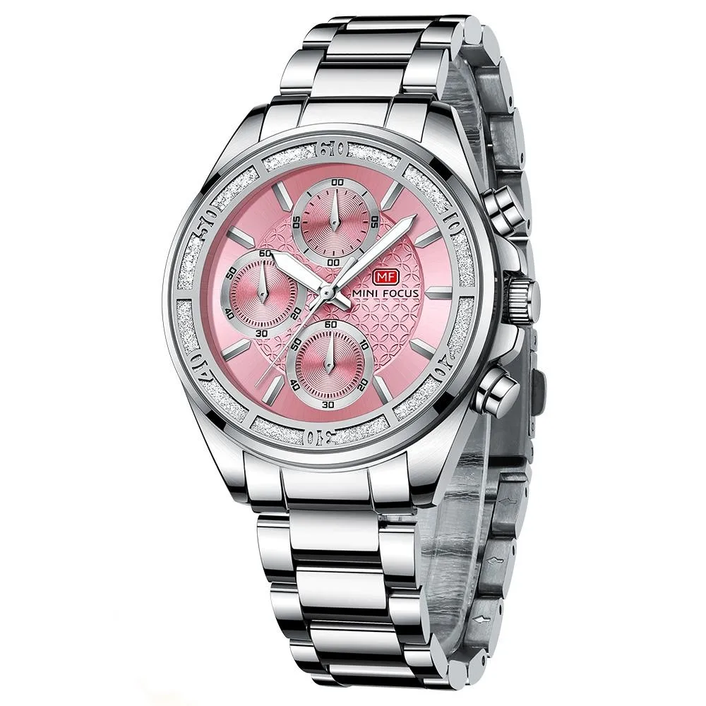 MINI FOCUS Women's Elegant Fashion Quartz Watch Coin Dial Stainless Steel Multifunction British Style Watch