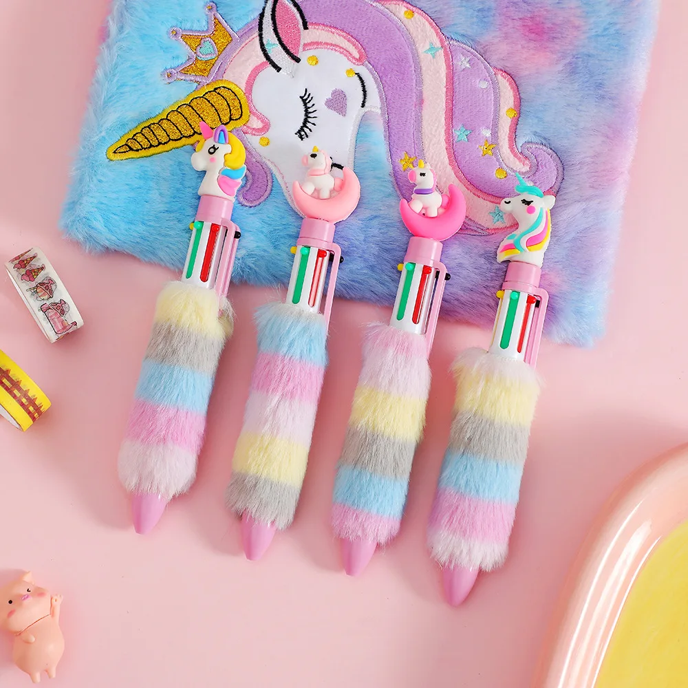 2023 New Girl Cartoon Unicorn Plush Ball Pen Children's Cute Six Color Press Stationery Handheld Pen