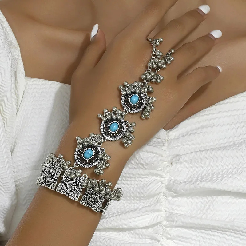 Kymyad Vintage Antique Silver Bracelet Ring Jewelry Set Inlaid Turquoise Stone Decoration Bracelet Ring Sets Jewelry