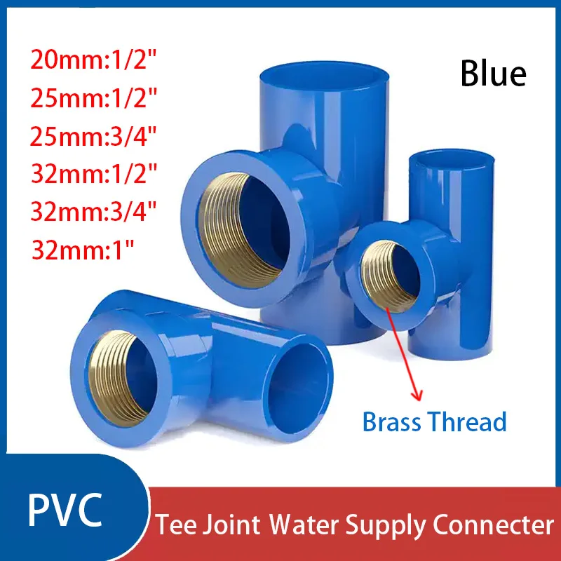 

1PCS Blue PVC Tee Joint Ｗater Supply Connecter Aquarium Fish Tank Garden Irrigation Water Pipe Connectors Brass Thread 20-32mm