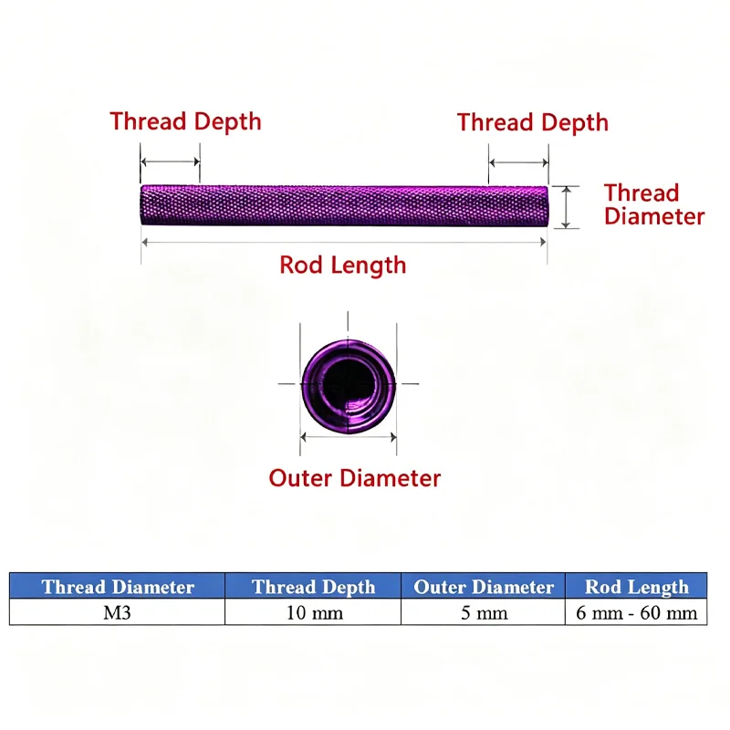 10PCS M3 L=6-60mm Colored Round Aluminum Knurled Standoff Column Stud Extend Long Nut Aluminum Spacer Rod Standoff Spacer Pillar