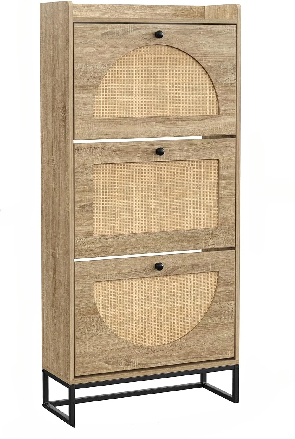 

%a Shoe Rack Storage Organizer with Natural Semi-Circular Rattan Doors, Entryway Wooden Shoe Cabinet for Sneakers, Leather Sho