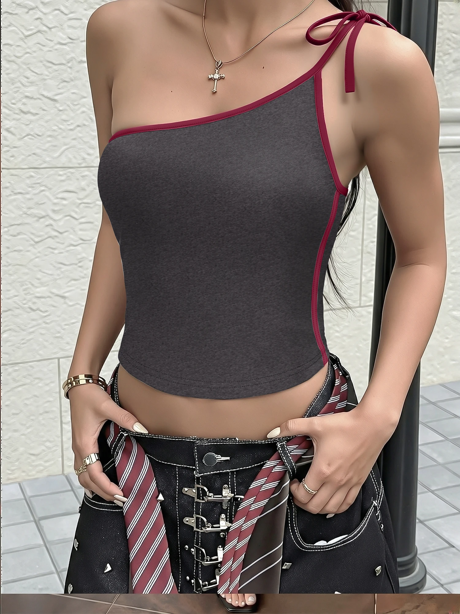 One Shoulder Self-Bow Sling Top, Trim Outline Fitted Cropped Vest for Retro Streetwear & Festival OOTDs